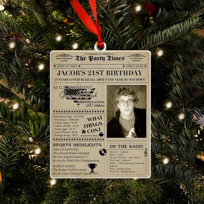 A custom photo ornament featuring a newspaper design, the Personalized 21st Birthday Newspaper Acrylic Ornament is a unique personalized Christmas ornament.