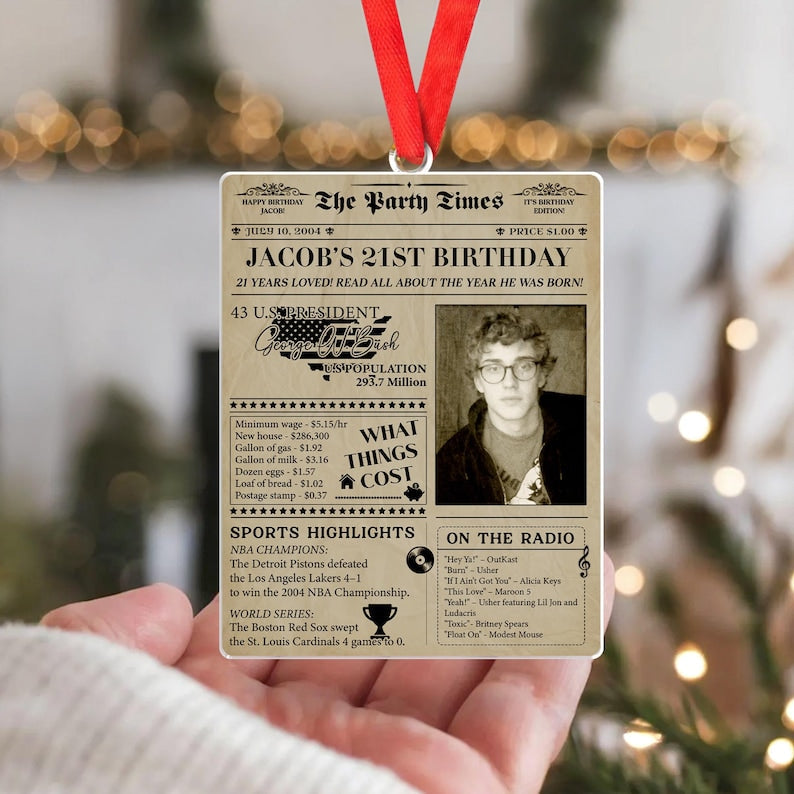 Personalized Christmas Ornaments like the Personalized 21st Birthday Newspaper Acrylic Ornament are great custom photo ornaments for milestones.