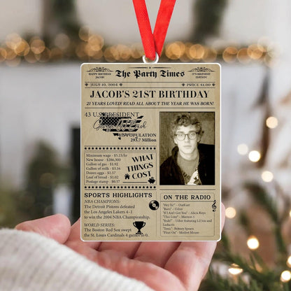 Personalized Christmas Ornaments like the Personalized 21st Birthday Newspaper Acrylic Ornament are great custom photo ornaments for milestones.
