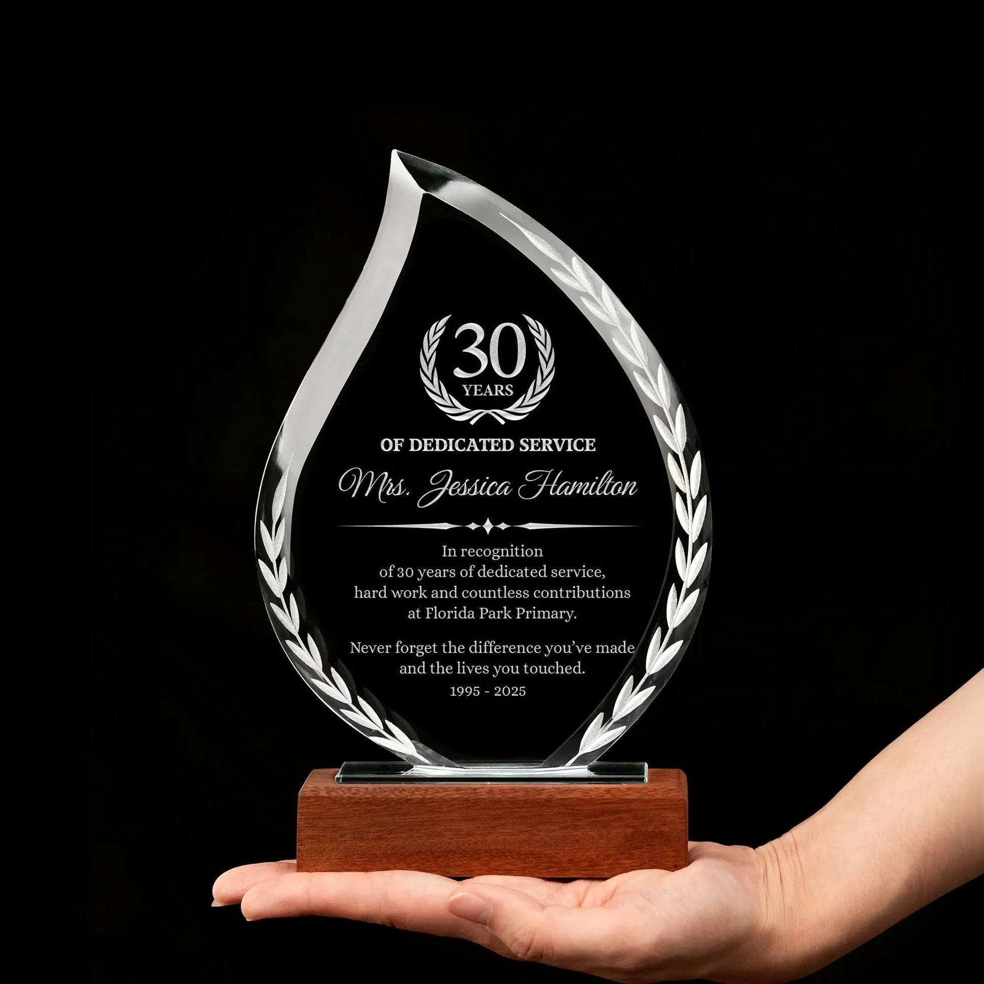 Custom engraved Personalized 30 Years Of Service Flame Crystal Award perfect for corporate gifts and long service award recognition  