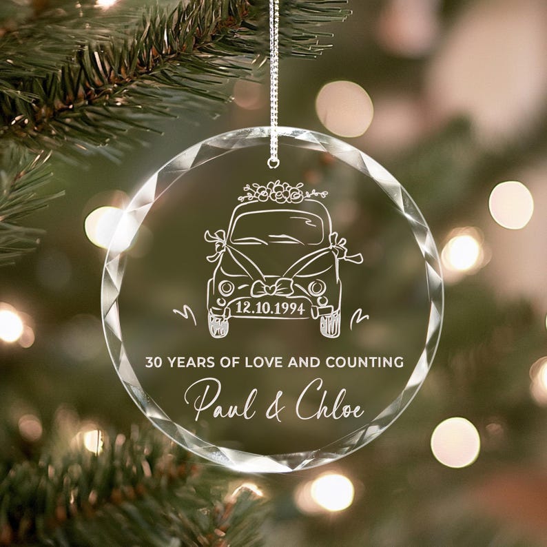 Personalized 30th Anniversary Glass Ornament designed as a timeless 30th wedding anniversary gift for couple
