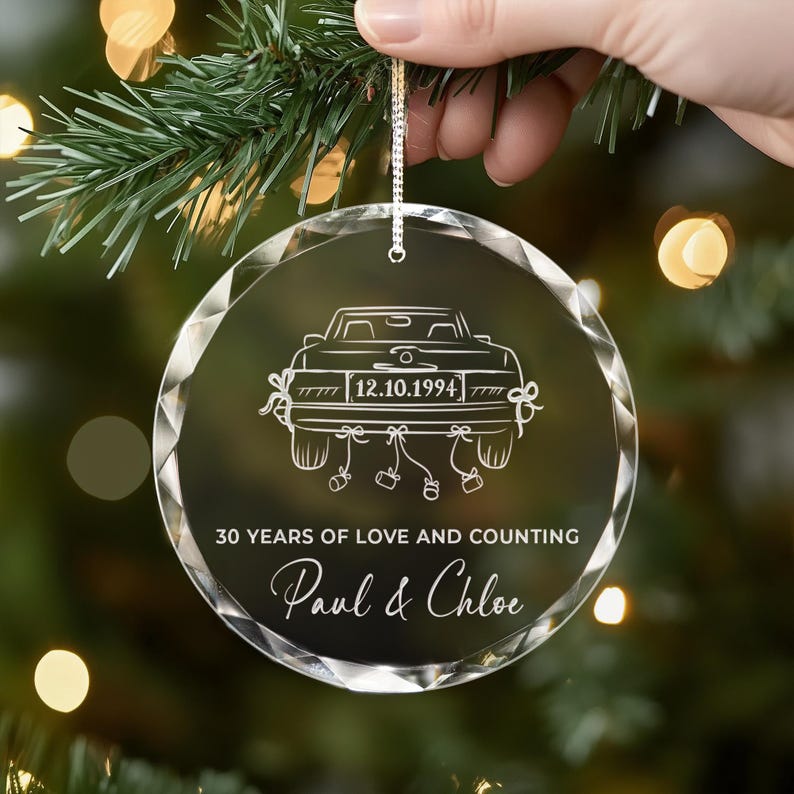 Personalized 30th Anniversary Glass Ornament showcased as a meaningful anniversary ornament
