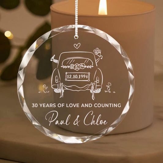 Stylish Personalized 30th Anniversary Glass Ornament presented as romantic couple ornaments
