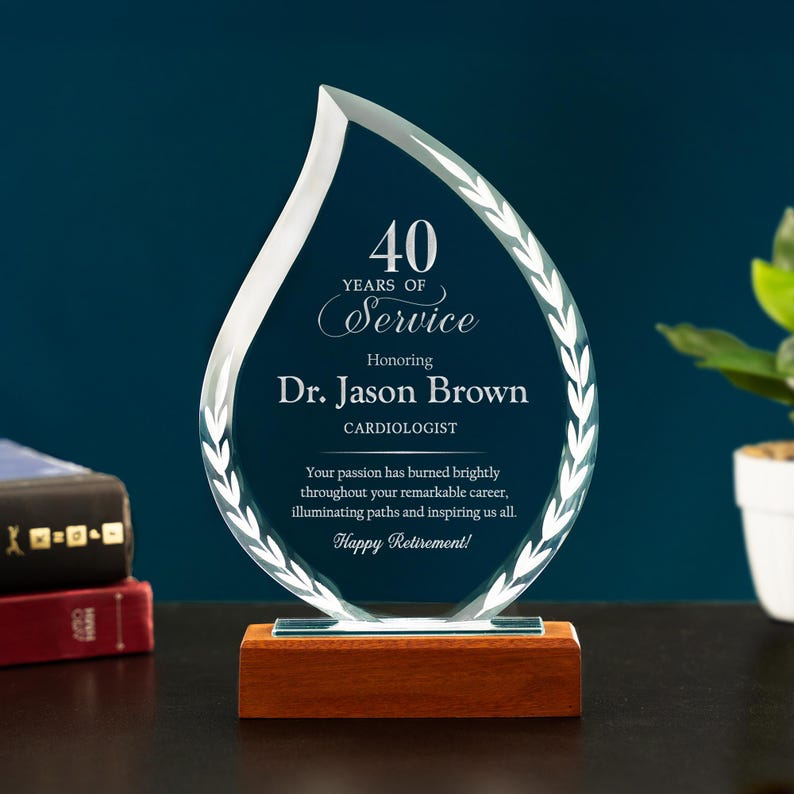 A Custom 40 Years Of Service Flame Award, the perfect employee recognition gift for a 40th year work anniversary.