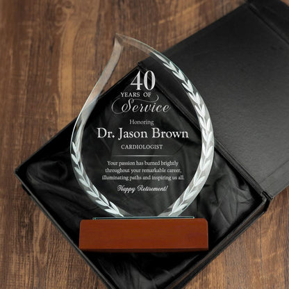 This custom award, a Custom 40 Years Of Service Flame Award glass trophy, is a high-quality years of service recognition plaque.