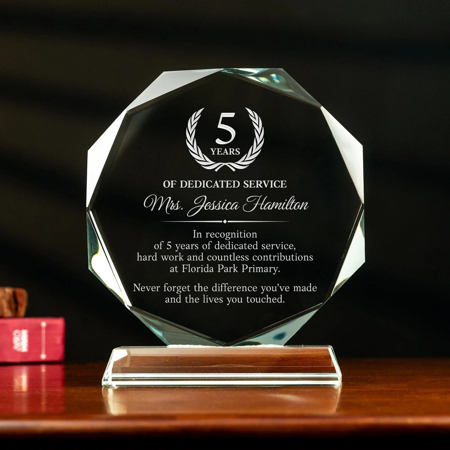 Personalized 5 Years of Service Crystal Award designed as elegant year of service award and employee appreciation gifts  