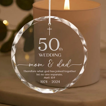 The perfect 50th wedding anniversary gift for parents, a custom Personalized Glass Ornament to celebrate their golden anniversary.