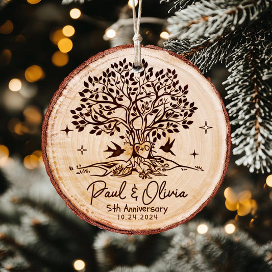 A Personalized 5th Anniversary Wooden Ornament, a perfect traditional wood anniversary gift for a special couple.