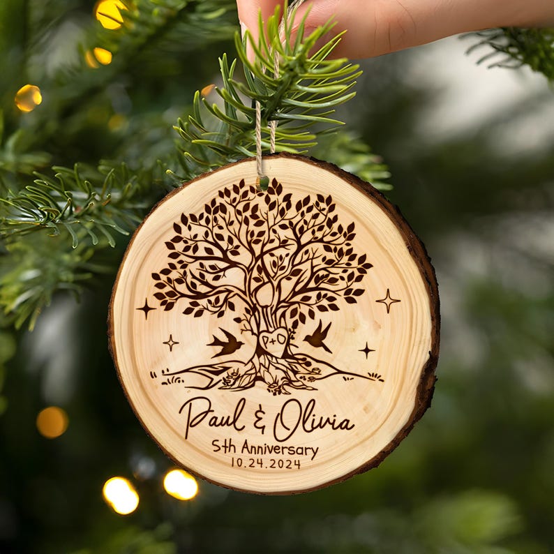 This personalized wooden ornament is a thoughtful 5th anniversary gift, the perfect keepsake anniversary ornament.