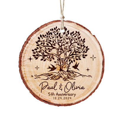 The perfect personalized wooden ornament for a 5th anniversary, a lasting memento and a traditional wood anniversary gift.