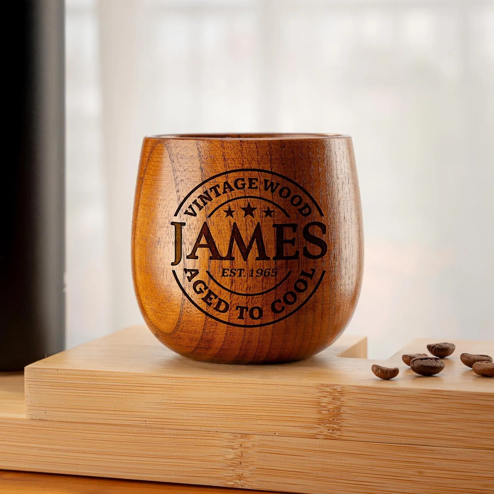 Vintage gifts for men include personalized wooden whiskey glasses for special milestones  