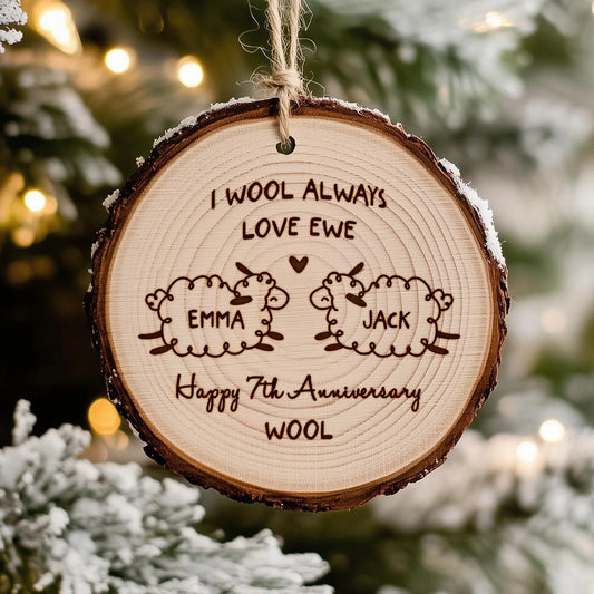 Personalized 7th Anniversary Wooden Ornament as a meaningful 7th anniversary gift for couple  