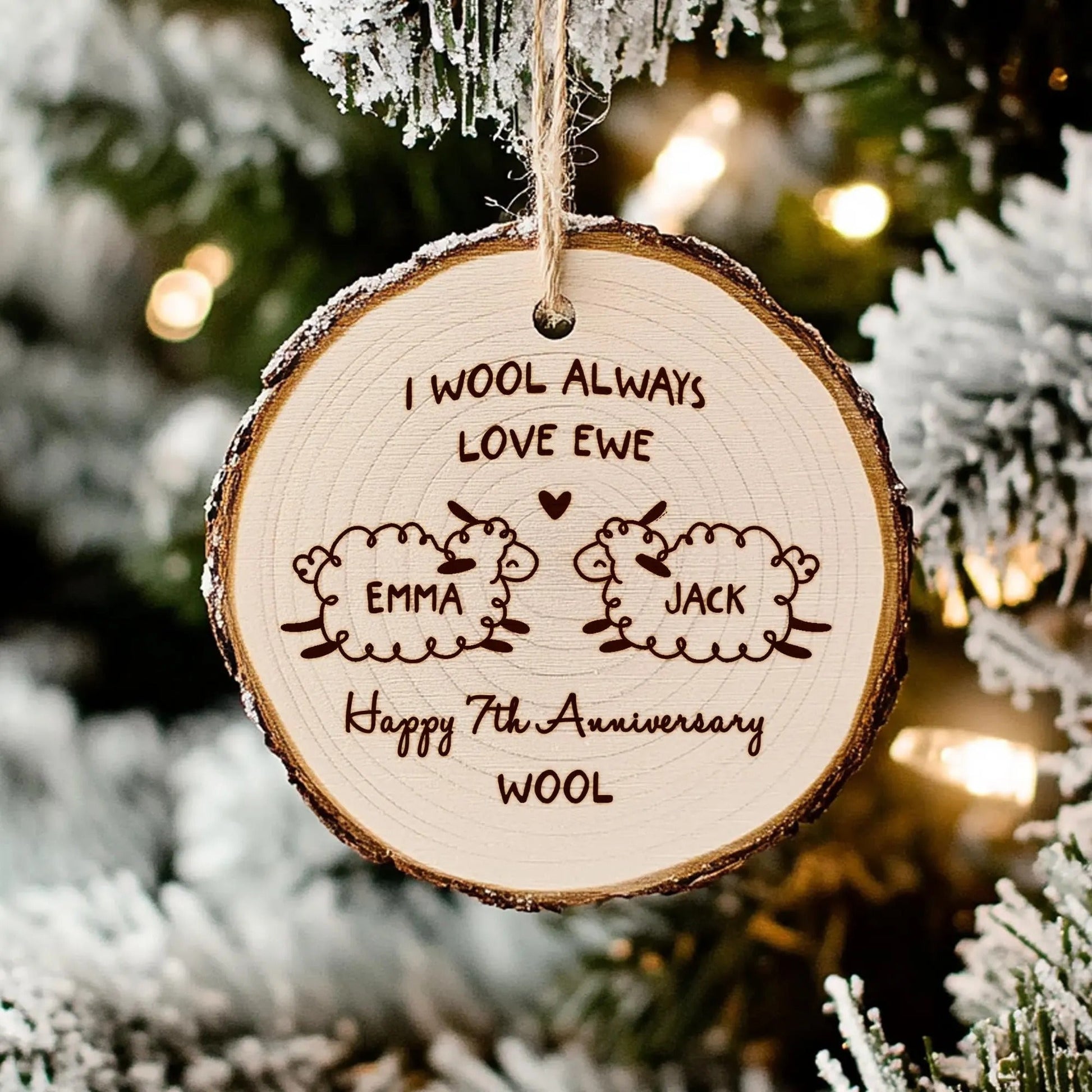 Wool anniversary gifts include custom engraved wooden ornaments for lasting memories  