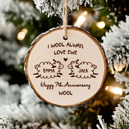 Wool anniversary gifts include custom engraved wooden ornaments for lasting memories  