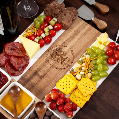 The traditional gift for a 9th anniversary: a custom-made Personalized Marble Charcuterie Board engraved with a special date.