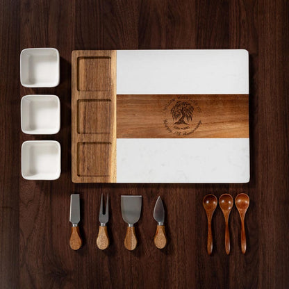 Displaying a Personalized 9 Year Anniversary Marble Charcuterie Board, the perfect charcuterie board for an anniversary celebration.