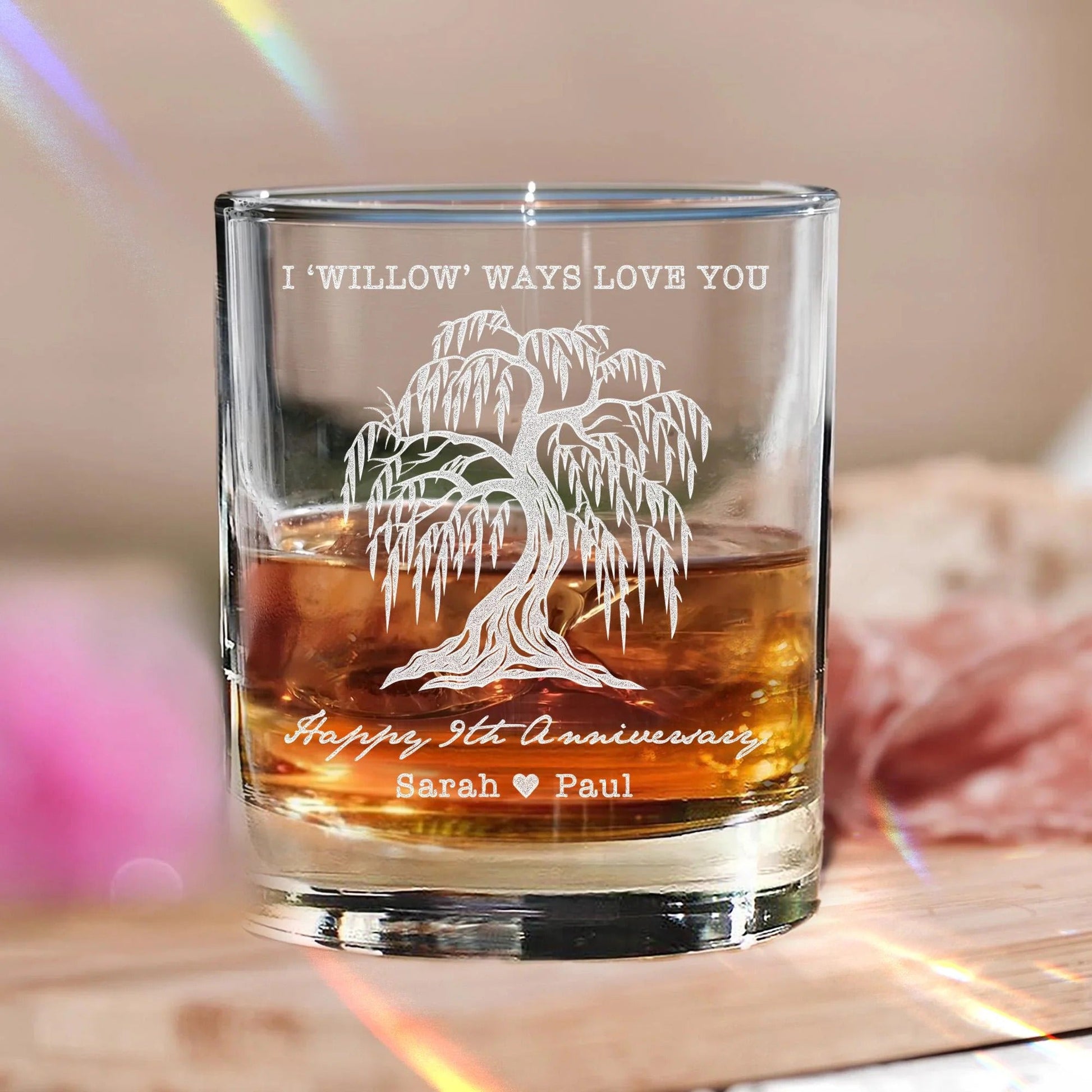 9th anniversary gift idea featuring engraved whiskey glass with custom message  