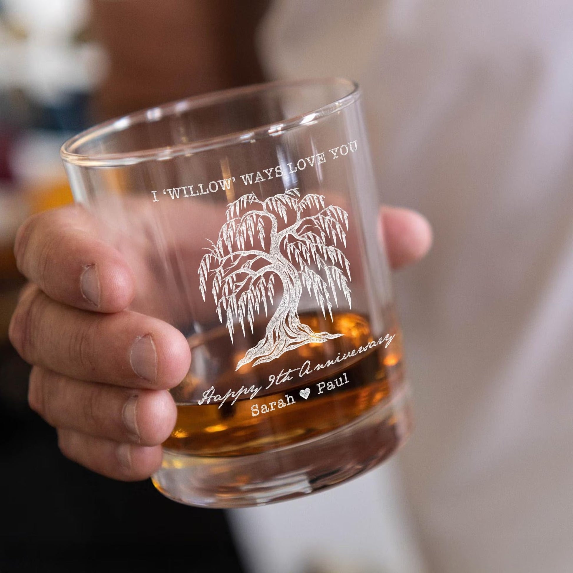 Willow anniversary gift made special with a custom whiskey glass keepsake  