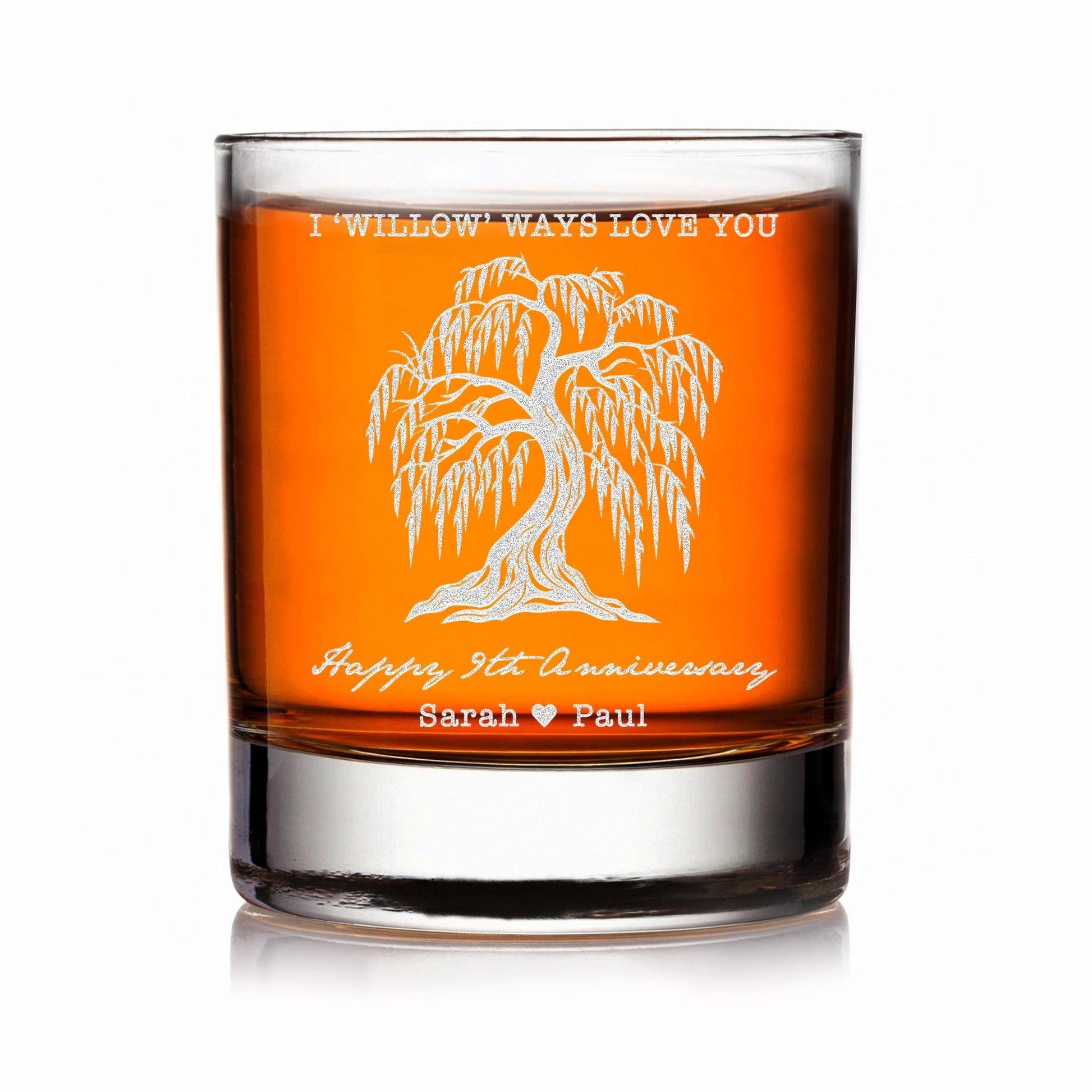 Personalized whiskey glass designed as a thoughtful 9th anniversary gift for couples  