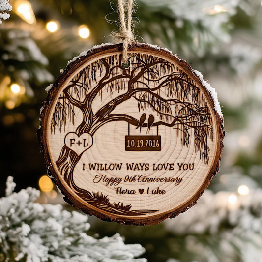 A Personalized 9th Anniversary Wooden Ornament, a unique 9th anniversary gift and beautiful willow anniversary gift.