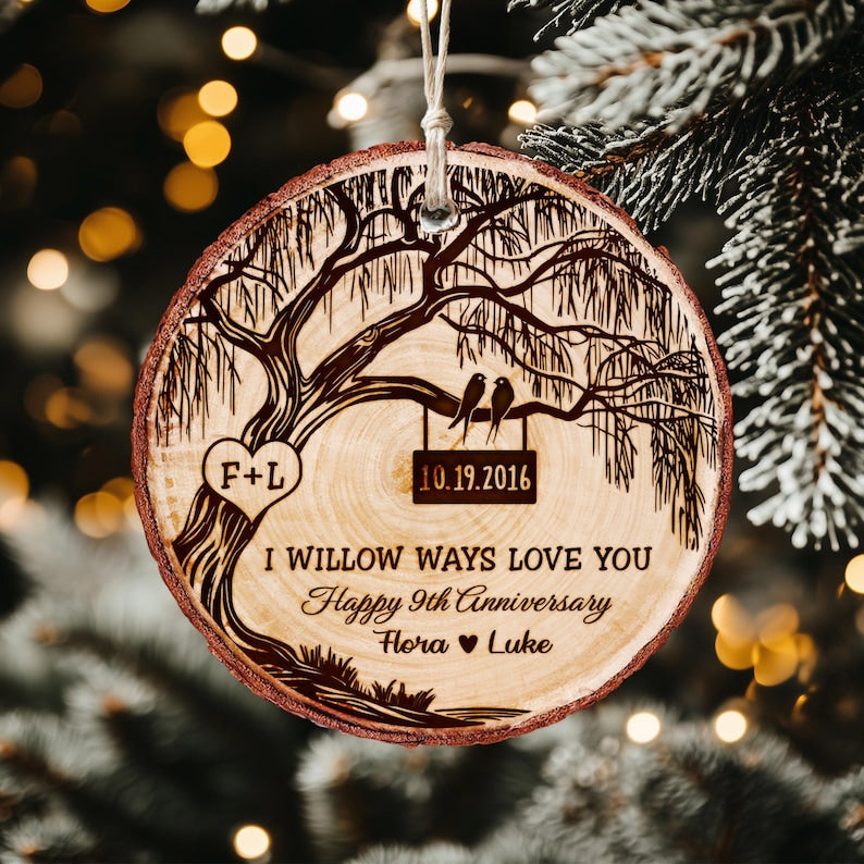 This engraved Christmas ornament, a Personalized 9th Anniversary Wooden Ornament, is a cherished anniversary ornament for couples.