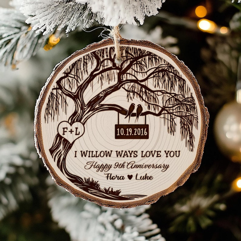 A custom personalized wooden ornament, the Personalized 9th Anniversary Wooden Ornament is the perfect willow anniversary gift.