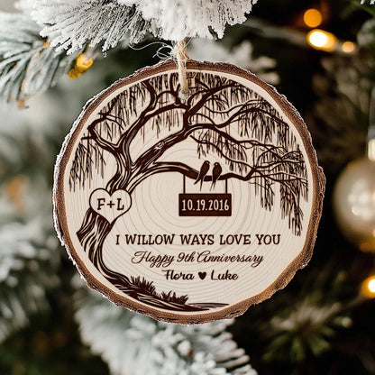 A custom personalized wooden ornament, the Personalized 9th Anniversary Wooden Ornament is the perfect willow anniversary gift.