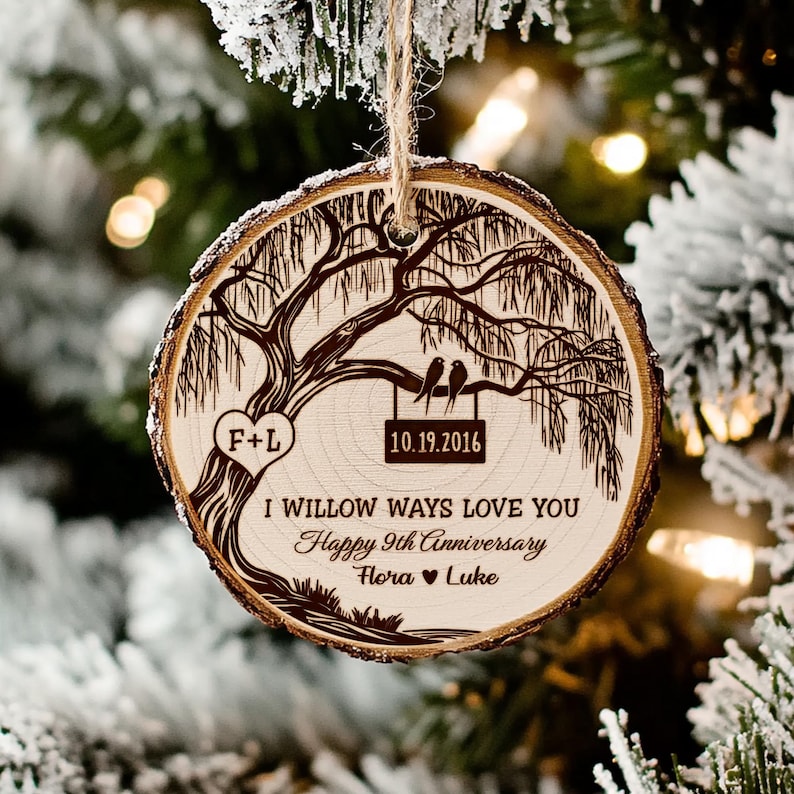 Close-up of an engraved Christmas ornament, this Personalized 9th Anniversary Wooden Ornament celebrates 9 years of marriage.