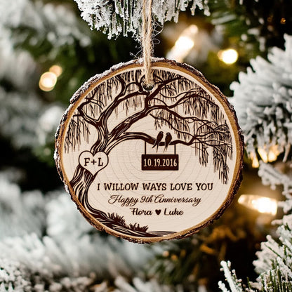 Close-up of an engraved Christmas ornament, this Personalized 9th Anniversary Wooden Ornament celebrates 9 years of marriage.