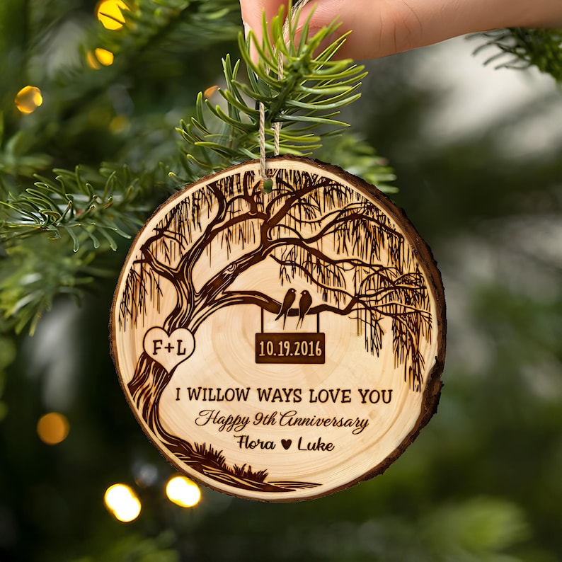 The ideal 9th anniversary gift, this Personalized 9th Anniversary Wooden Ornament is a custom wedding ornament for a couple.