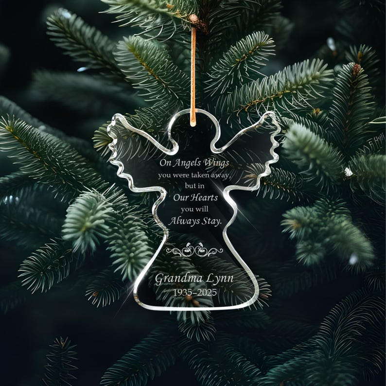 A Personalized Angel Memorial Glass Ornament, a beautiful angel ornament memorial and a thoughtful sympathy gift.