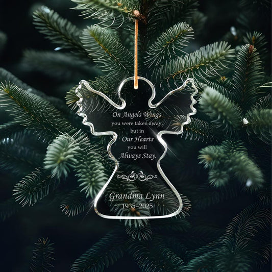 A Personalized Angel Memorial Glass Ornament, a beautiful angel ornament memorial and a thoughtful sympathy gift.