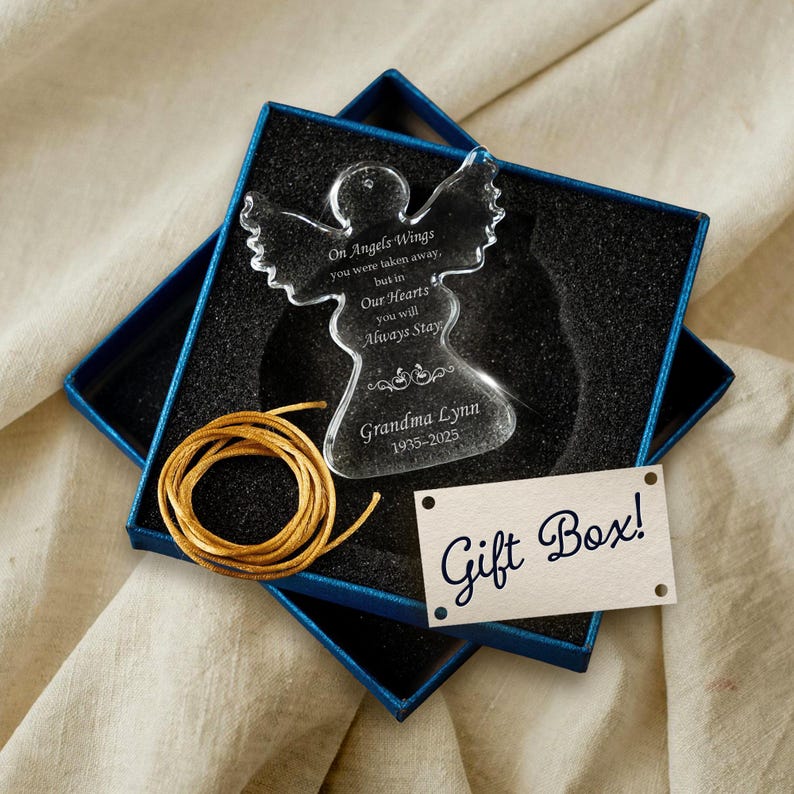 This crystal Personalized Angel Memorial Glass Ornament is a touching mom memorial ornament and a personalized remembrance Christmas ornament.