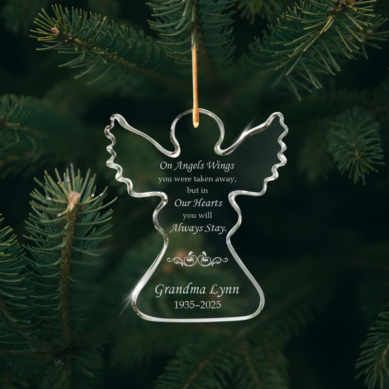 A touching mom memorial ornament, the Personalized Angel Memorial Glass Ornament is a crystal keepsake for the Christmas tree.