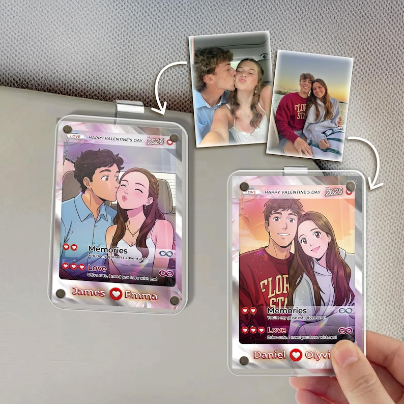 Personalized Anime Couple Photo Car Visor Clip, a unique anime valentines gift and perfect personalized car visor clip.