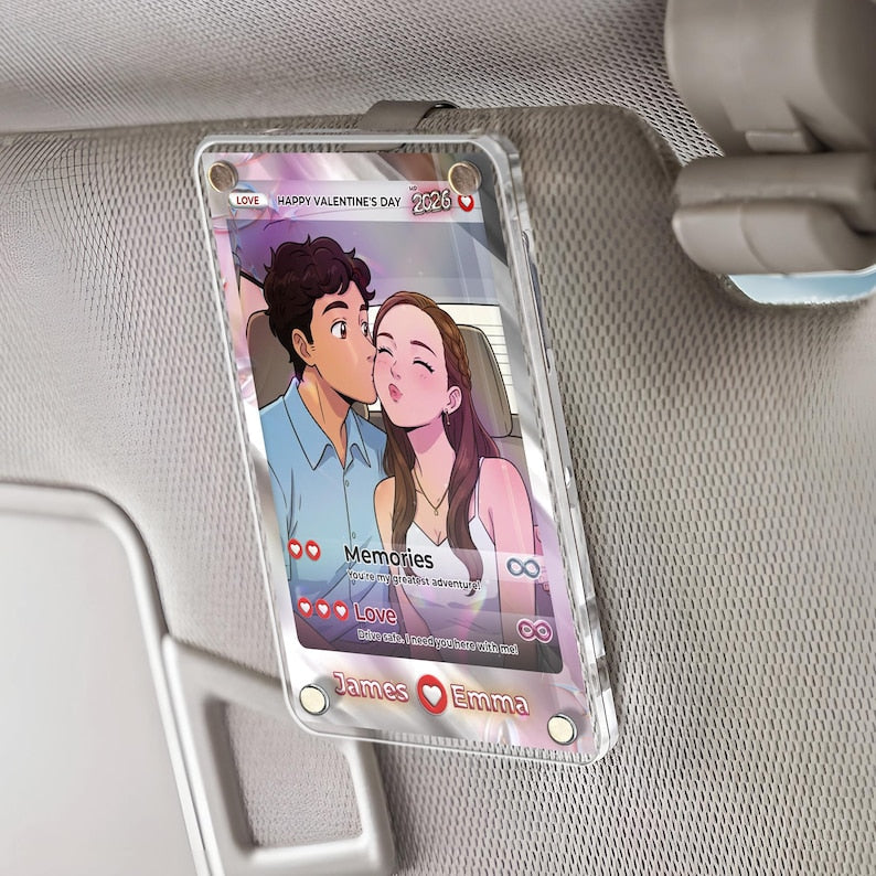 An elegant anime valentines gift, the Personalized Anime Couple Photo Car Visor Clip is a unique car accessory gift.