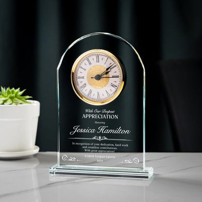 Personalized Appreciation Crystal Desk Clock designed as a thoughtful retirement gift for boss