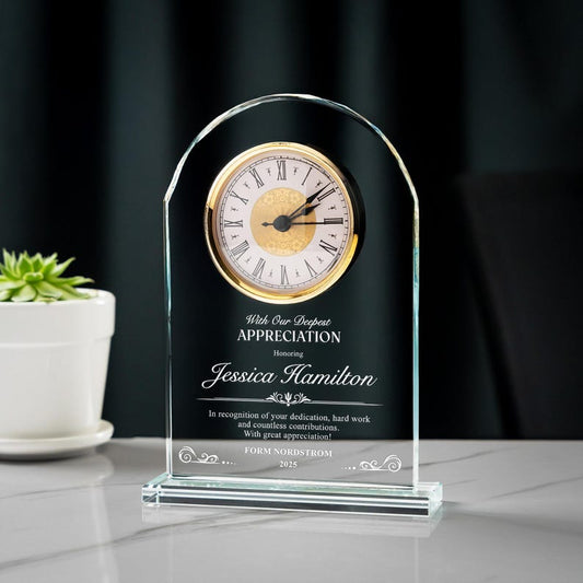 Personalized Appreciation Crystal Desk Clock designed as a thoughtful retirement gift for boss