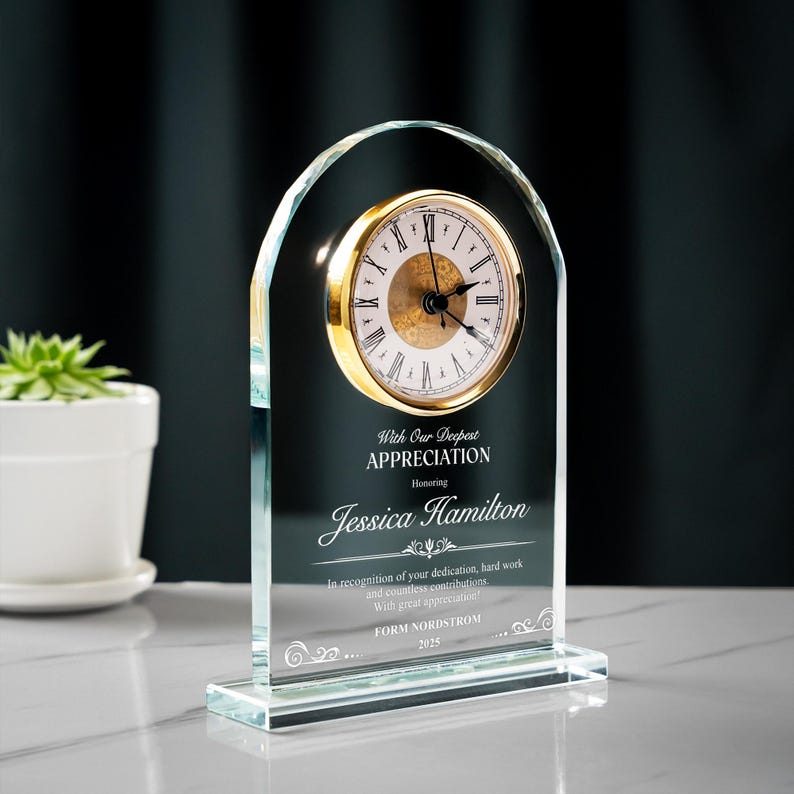 Elegant Personalized Appreciation Crystal Desk Clock crafted as a luxury custom clock