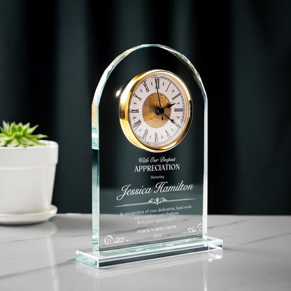 Elegant Personalized Appreciation Crystal Desk Clock crafted as a luxury custom clock