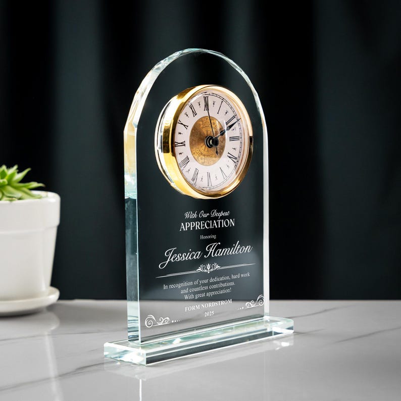 Personalized Appreciation Crystal Desk Clock showcased as meaningful retirement gifts for coworkers