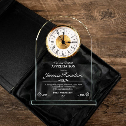 Personalized Appreciation Crystal Desk Clock highlighted as elegant employee appreciation gifts