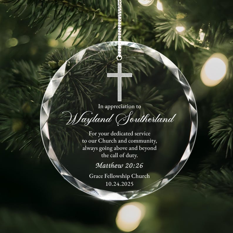 Show your gratitude with a Personalized Appreciation Glass Ornament for Pastor, a sparkling crystal ornament for pastor appreciation.