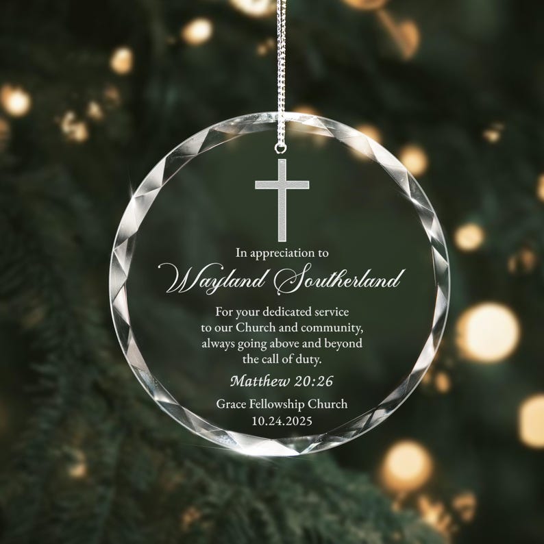 This crystal pastor ornament, a Personalized Appreciation Glass Ornament, is a meaningful way to say thank you.