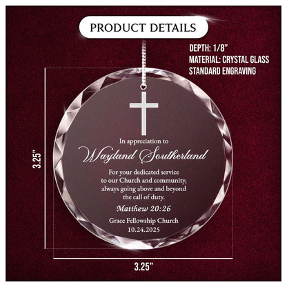 A unique pastor's appreciation gift, the Personalized Glass Ornament is a custom crystal pastor ornament for Christmas.