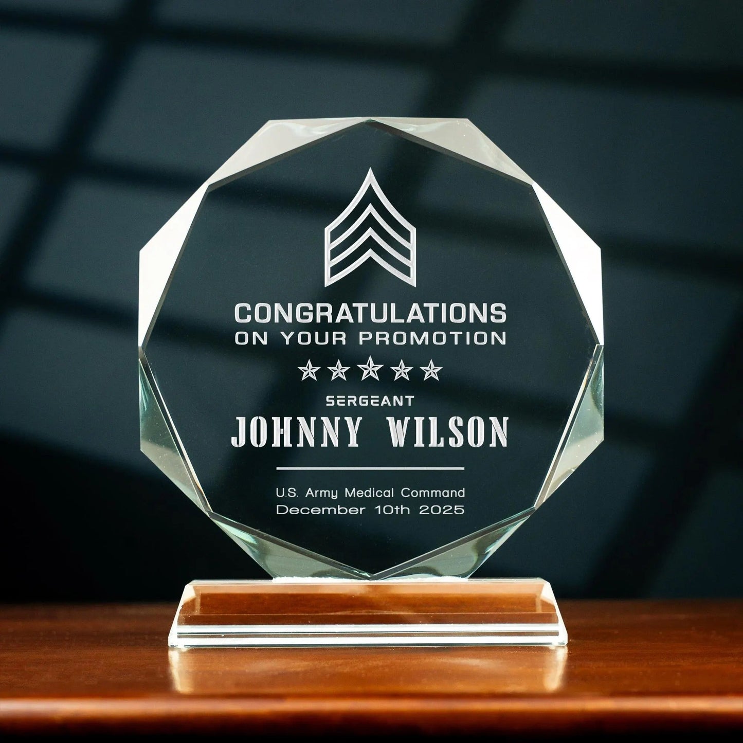 Elegant crystal Personalized Army Promotion Award crafted as thoughtful gift for veteran and military appreciation gifts  