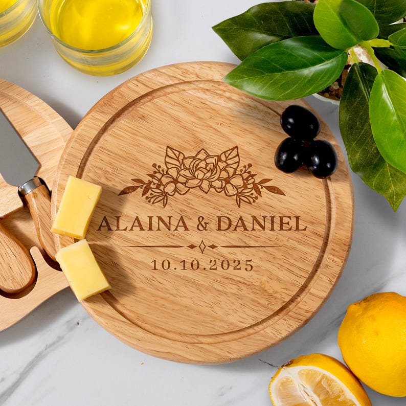 This Personalized Bamboo Wedding Charcuterie Board with Tools serves as a beautiful and practical housewarming charcuterie board gift.