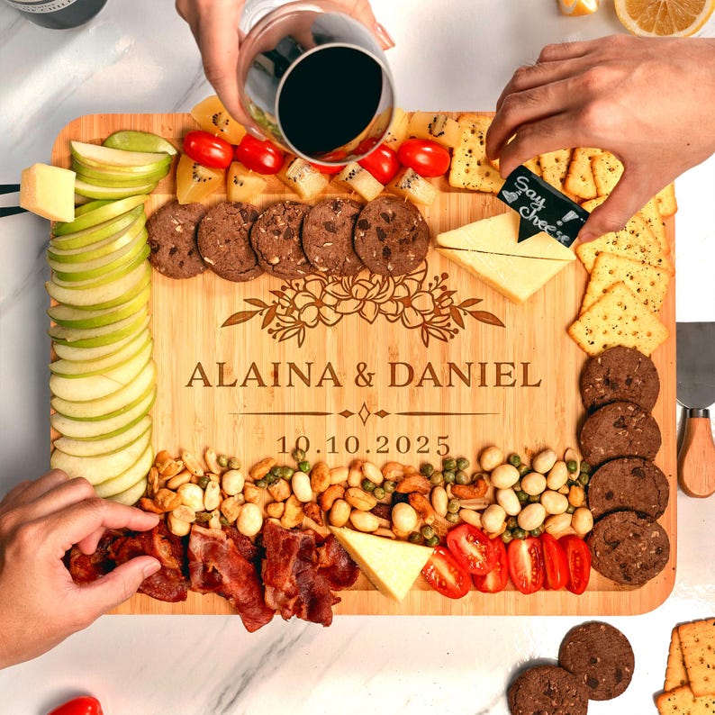 Crafted from premium bamboo, this Personalized Bamboo Wedding Charcuterie Board with Tools is a lasting and sentimental wedding gift.