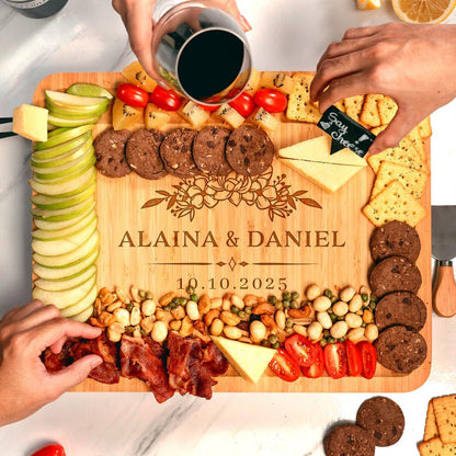 Crafted from premium bamboo, this Personalized Bamboo Wedding Charcuterie Board with Tools is a lasting and sentimental wedding gift.