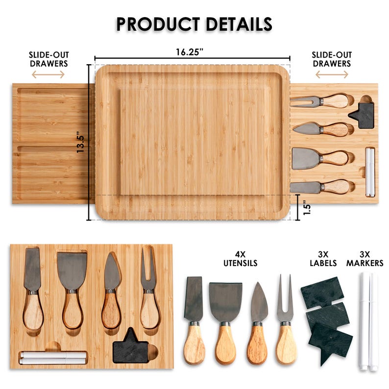 A versatile Personalized Bamboo Wedding Charcuterie Board with Tools, perfect as a wedding gift or a Christmas cheese board gift set.